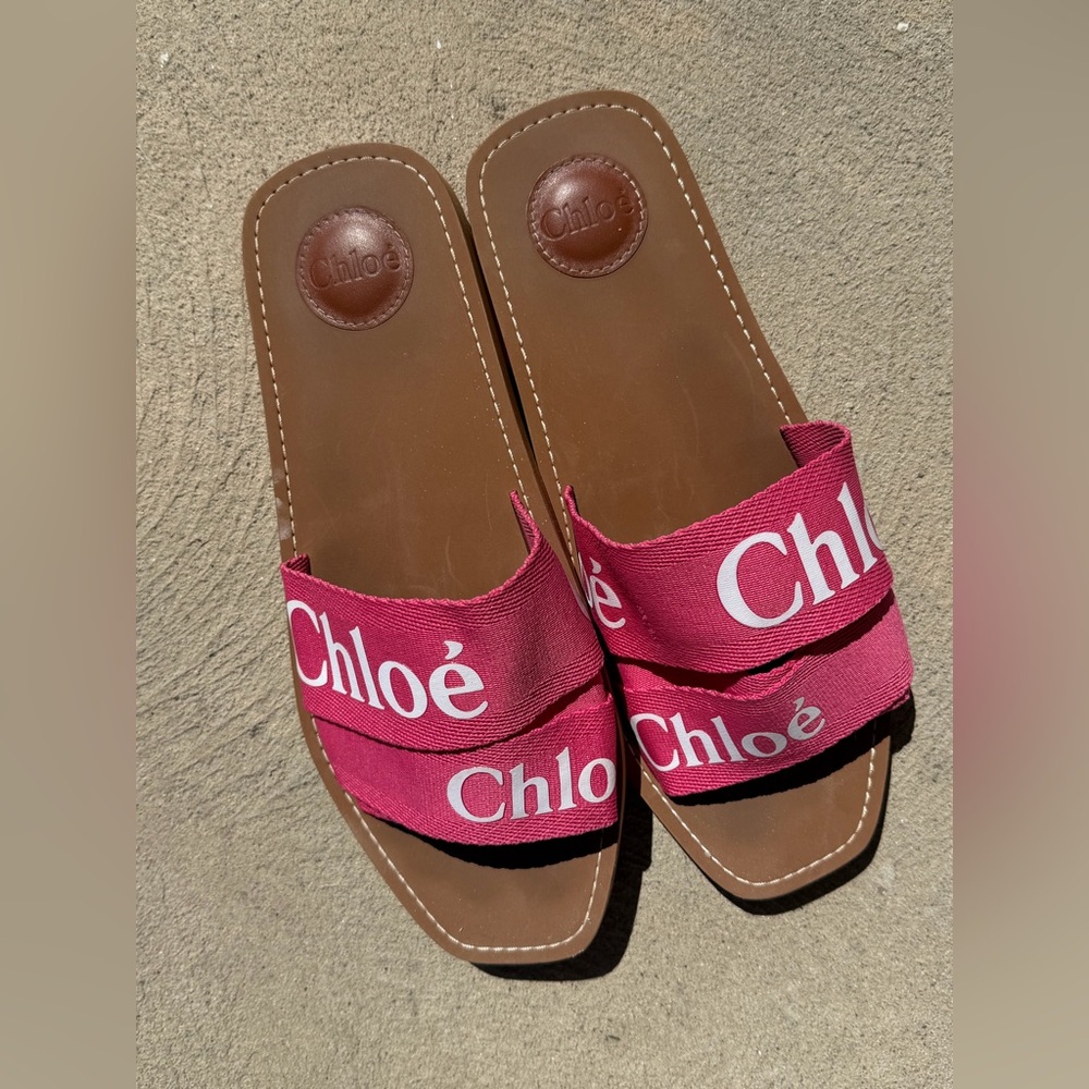 Chloé Woody Logo Cloth Slide Sandals in Hot Pink, Sz 42
